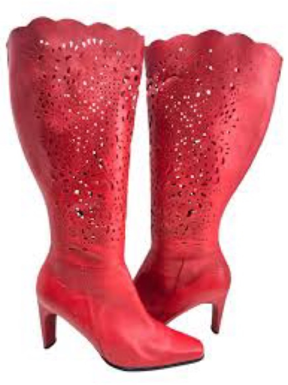 Bellini Red Laser-Cut Mid-Calf Heeled Boots